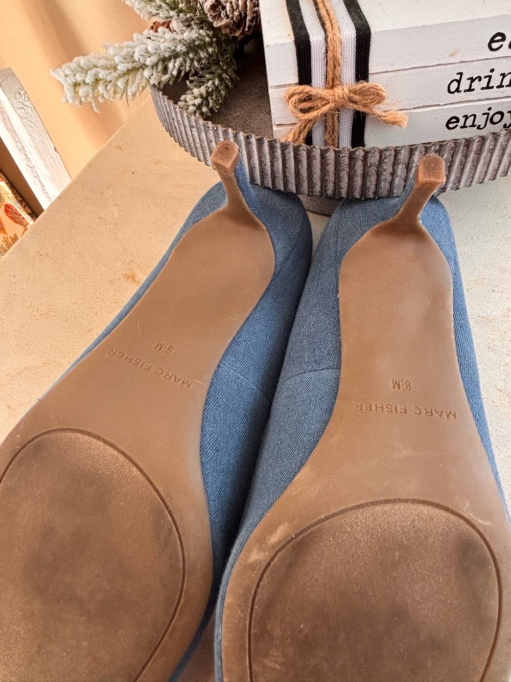 Marc Fisher Denim-Textured Blue Pointed Kitten Heels - Picture 5 of 6